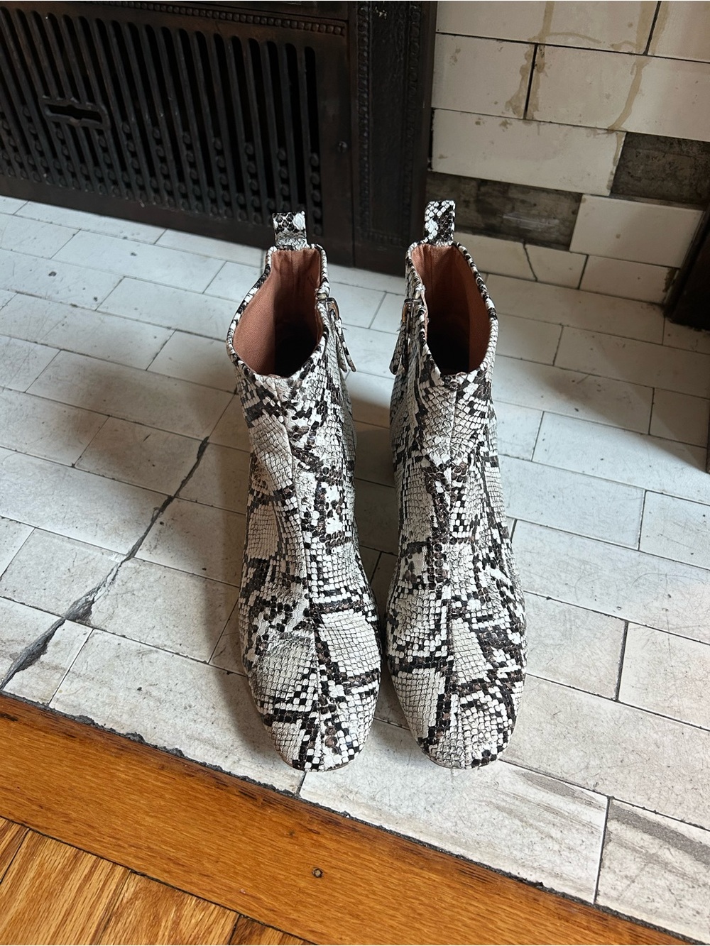 Urban Outfitters Snake-Print Ankle Booties in White and Black